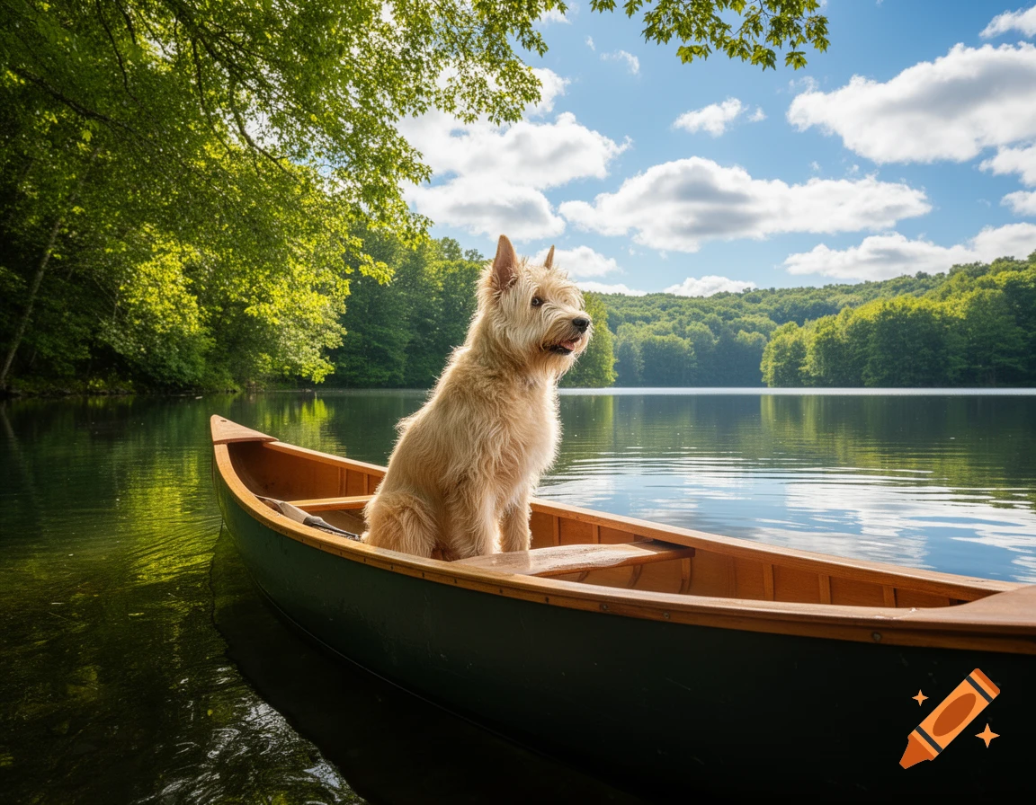 A fluffy wheaten terrier sits in a canoe on a calm lake surrounded by lush green trees under a blue, cloudy sky.