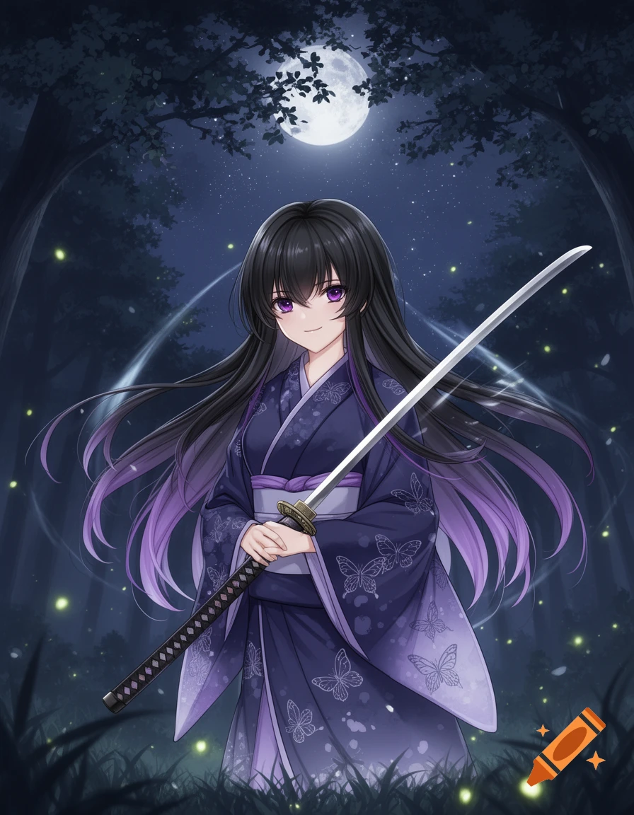 Anime girl with black hair and purple eyes, wearing a purple kimono ...