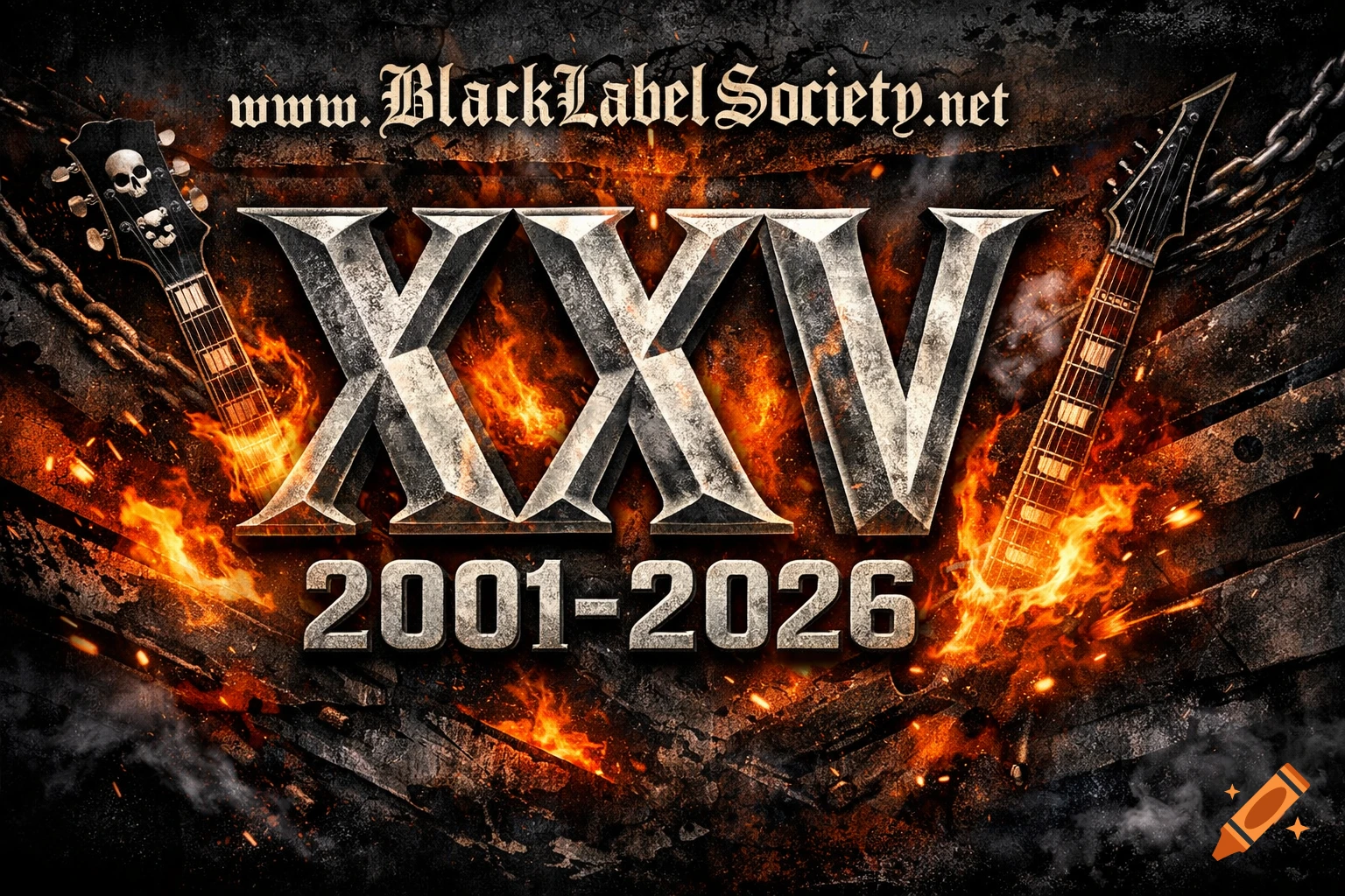 A heavy metal style graphic with guitars, skulls, chains, and fire, featuring 'www.BlackLabelSociety.net', 'XXV', and '2001-2026'.