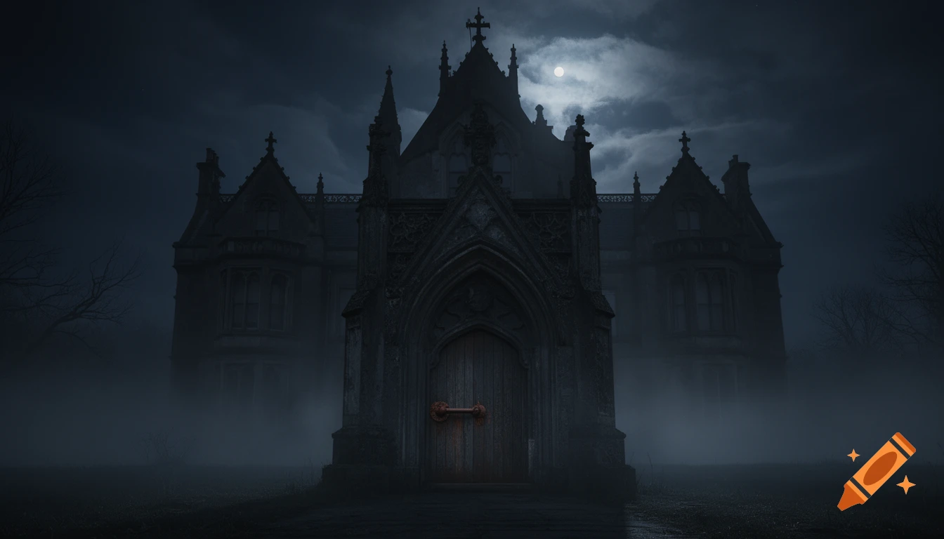 A dark, gothic mansion is shrouded in fog under a full moon at night, with a prominent ornate entrance door.