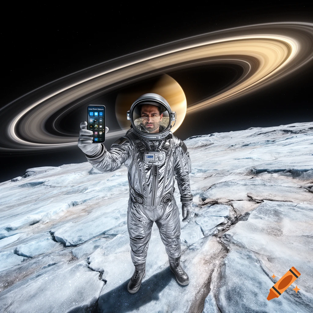 A man in a silver astronaut suit holds a smartphone on an icy planet surface, with Saturn and its rings visible in the background.
