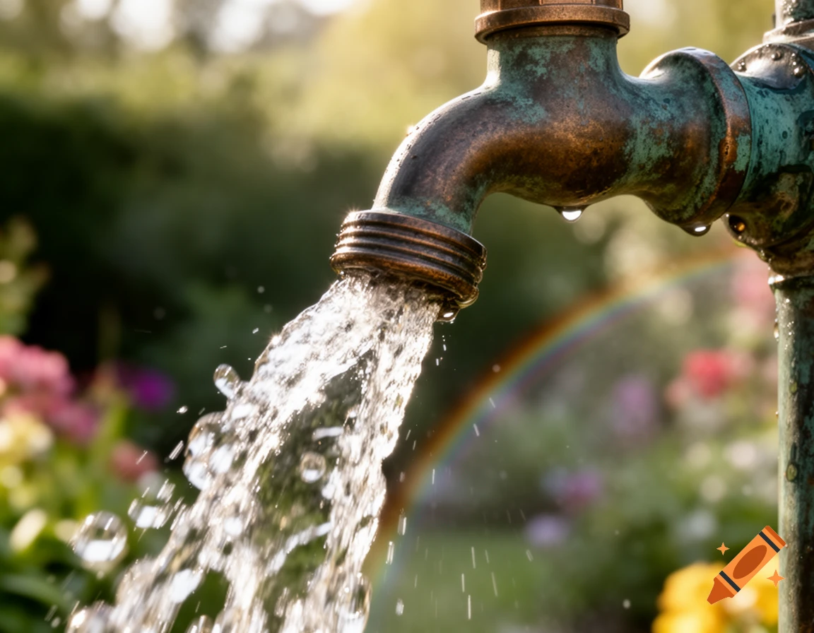 Close-up of an old brass garden faucet with water gushing out, sunlight creating a rainbow in a blurred garden background.