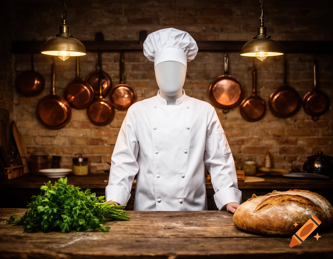 A chef with a blank, featureless face stands in a rustic kitchen, behind a wooden counter with fresh parsley and a loaf of bread.