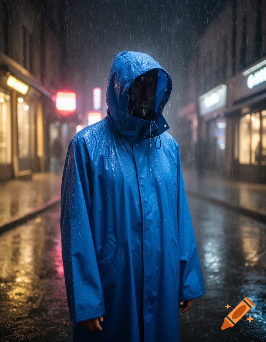 Person in a blue raincoat walking down a rainy city street at night, with blurred lights in the background. Photorealistic style.