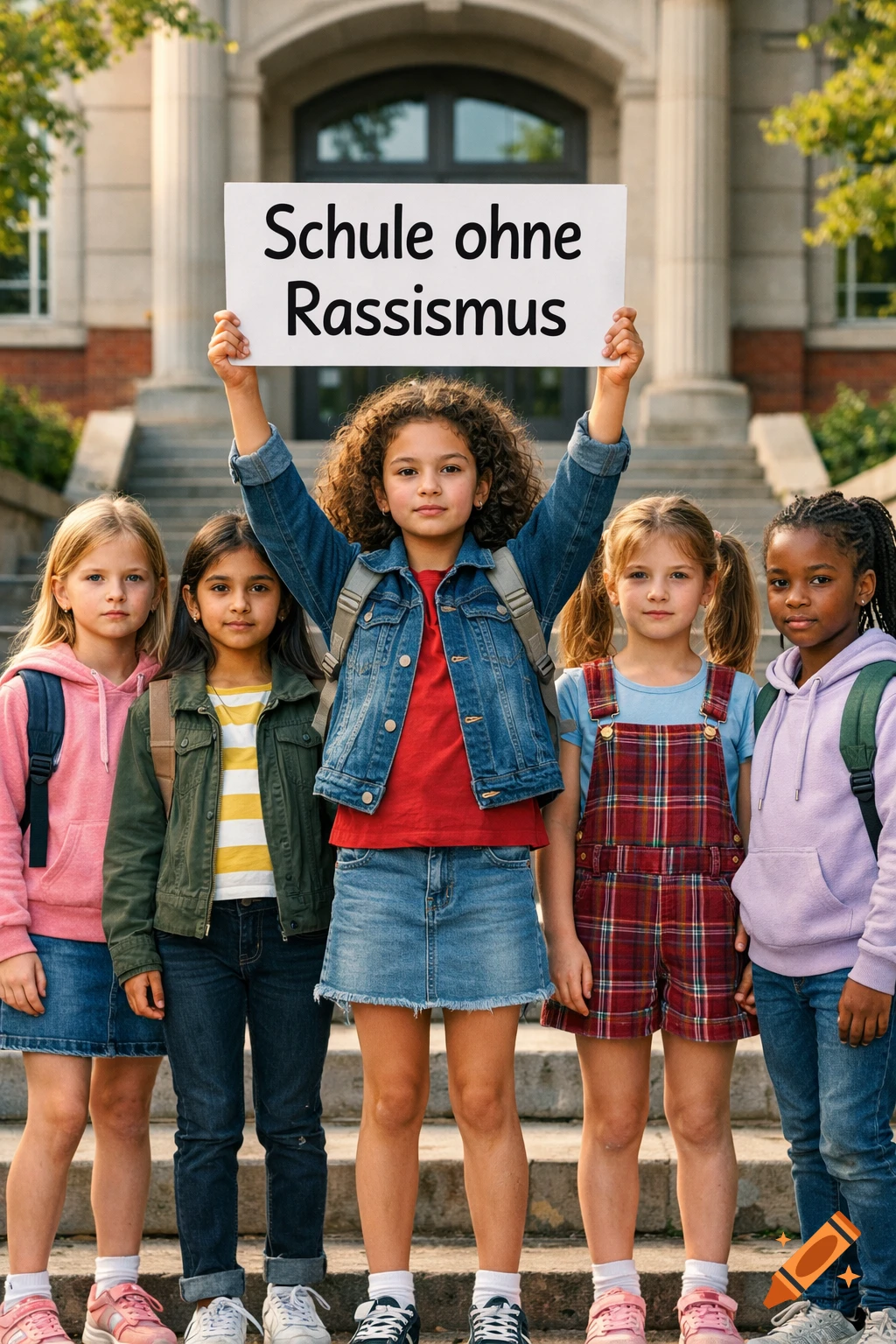 Five diverse schoolgirls stand in front of a school building, one holding a sign that reads 'Schule ohne Rassismus'. Photorealistic.