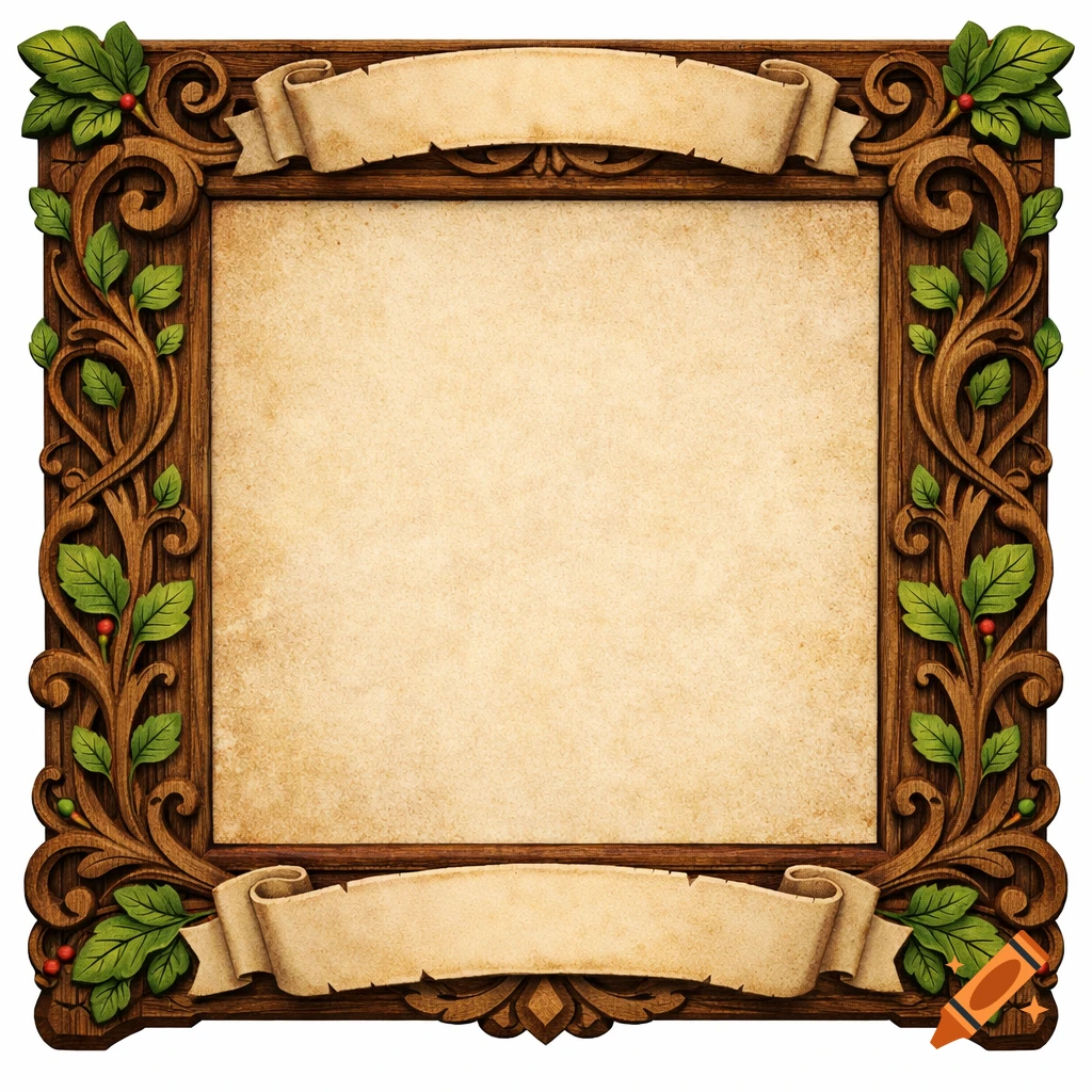 An ornate medieval wooden frame with carved vines, green leaves, and red berries, featuring two blank parchment banners and a plain parchment center.