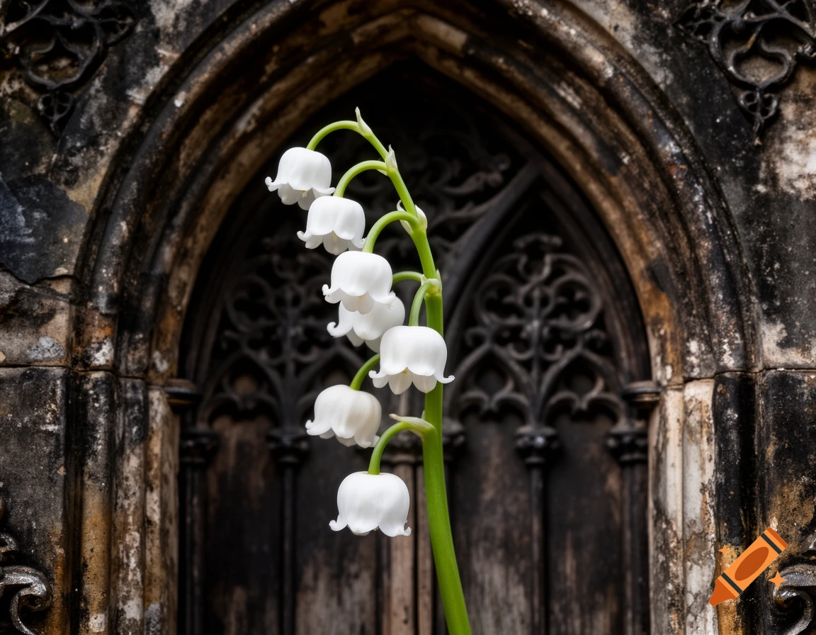 White lily of the valley flowers in front of a dark, ornate gothic archway.