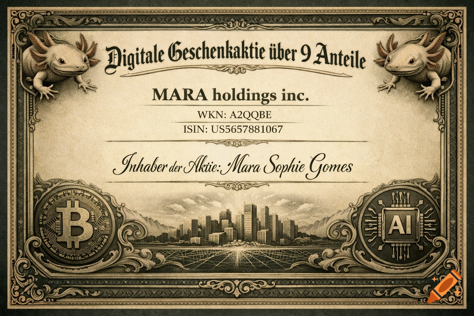 A decorative digital gift share certificate in an old-fashioned style, featuring two axolotls, a cityscape, a Bitcoin symbol, and an AI symbol, with German text.