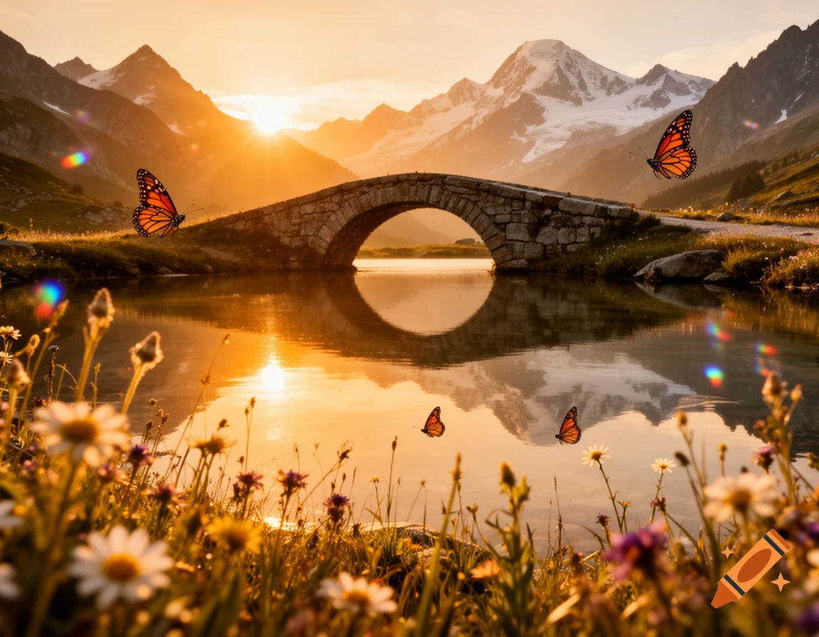 A breathtaking mountain landscape at sunrise with a stone bridge over a lake, golden light, wildflowers, and monarch butterflies.