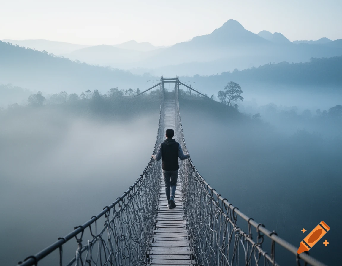 A lone person walks across a long suspension bridge over a misty mountain valley at dawn, looking towards the horizon.
