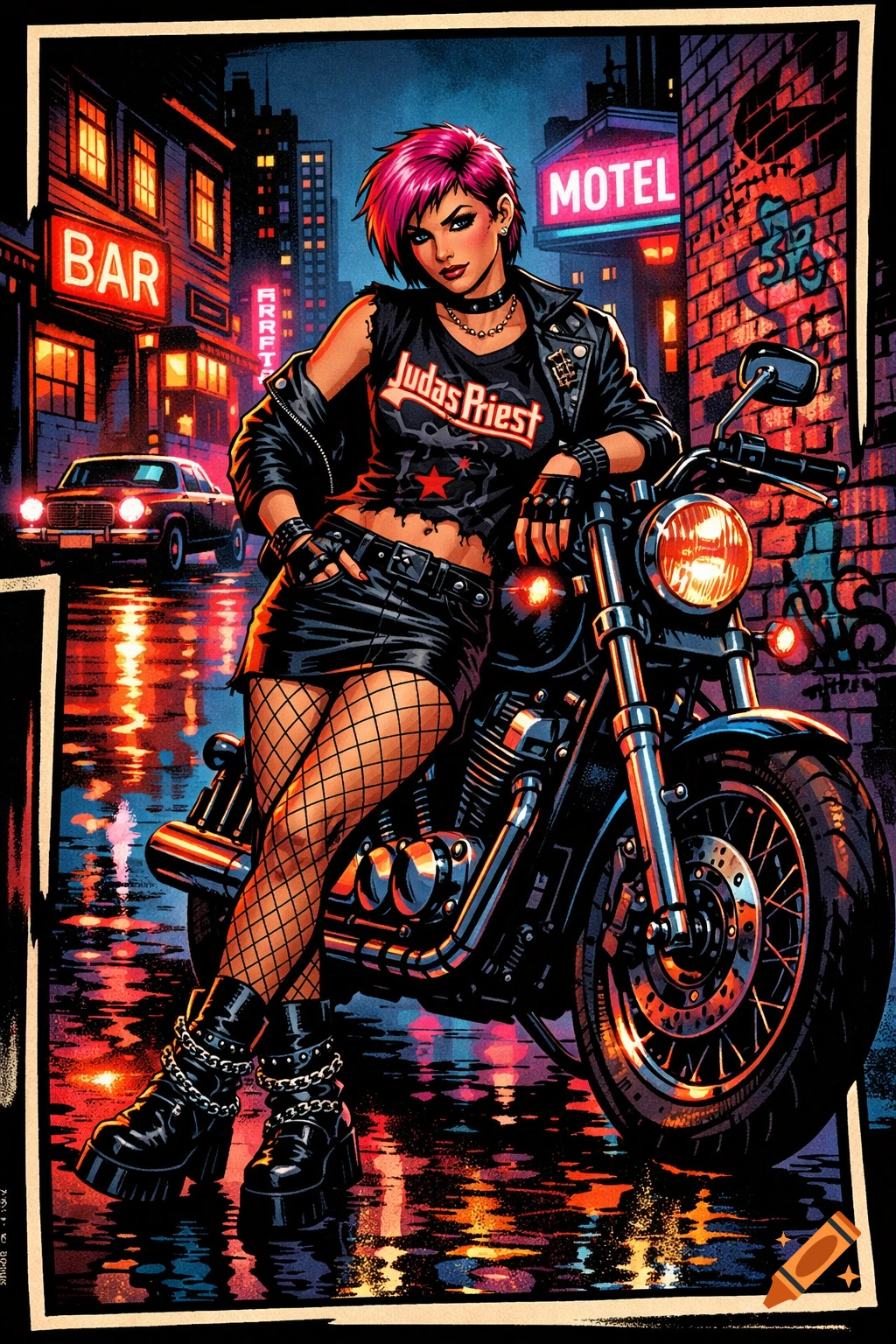 A rebel girl with pink hair, leather jacket, miniskirt, and fishnets leans on a motorcycle on a neon-lit wet city street in comic art style.