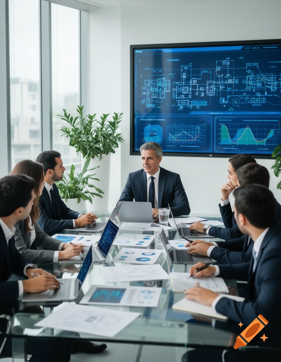 A group of business professionals in suits hold a meeting at a glass conference table with laptops and papers, with a large screen displaying technical diagrams and charts in the background.