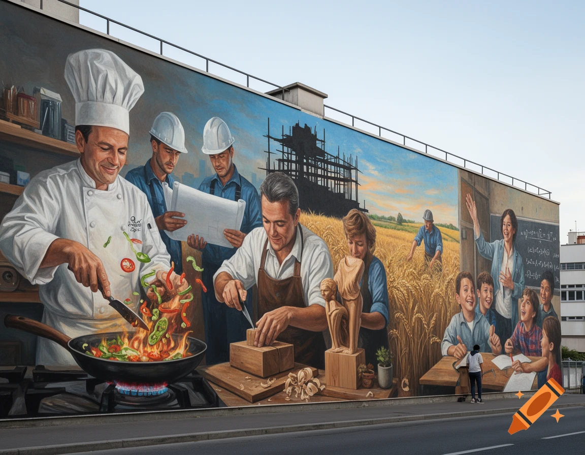 A vibrant mural depicting various professions: a chef cooking, construction workers, a sculptor, a farmer, and a teacher with students.