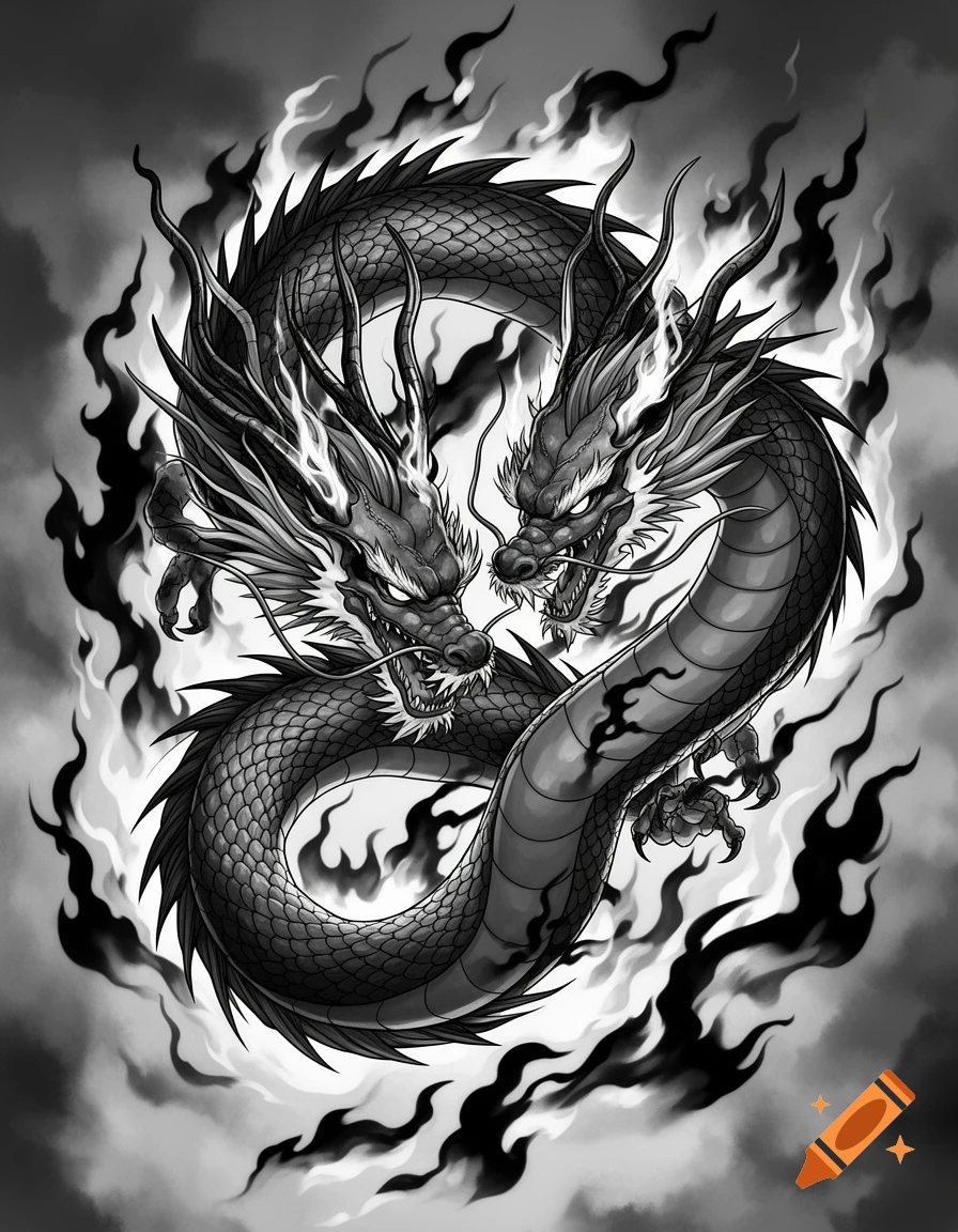 Two aggressive Japanese-style dragons entwined amidst black and white flames, depicted in a detailed illustration.