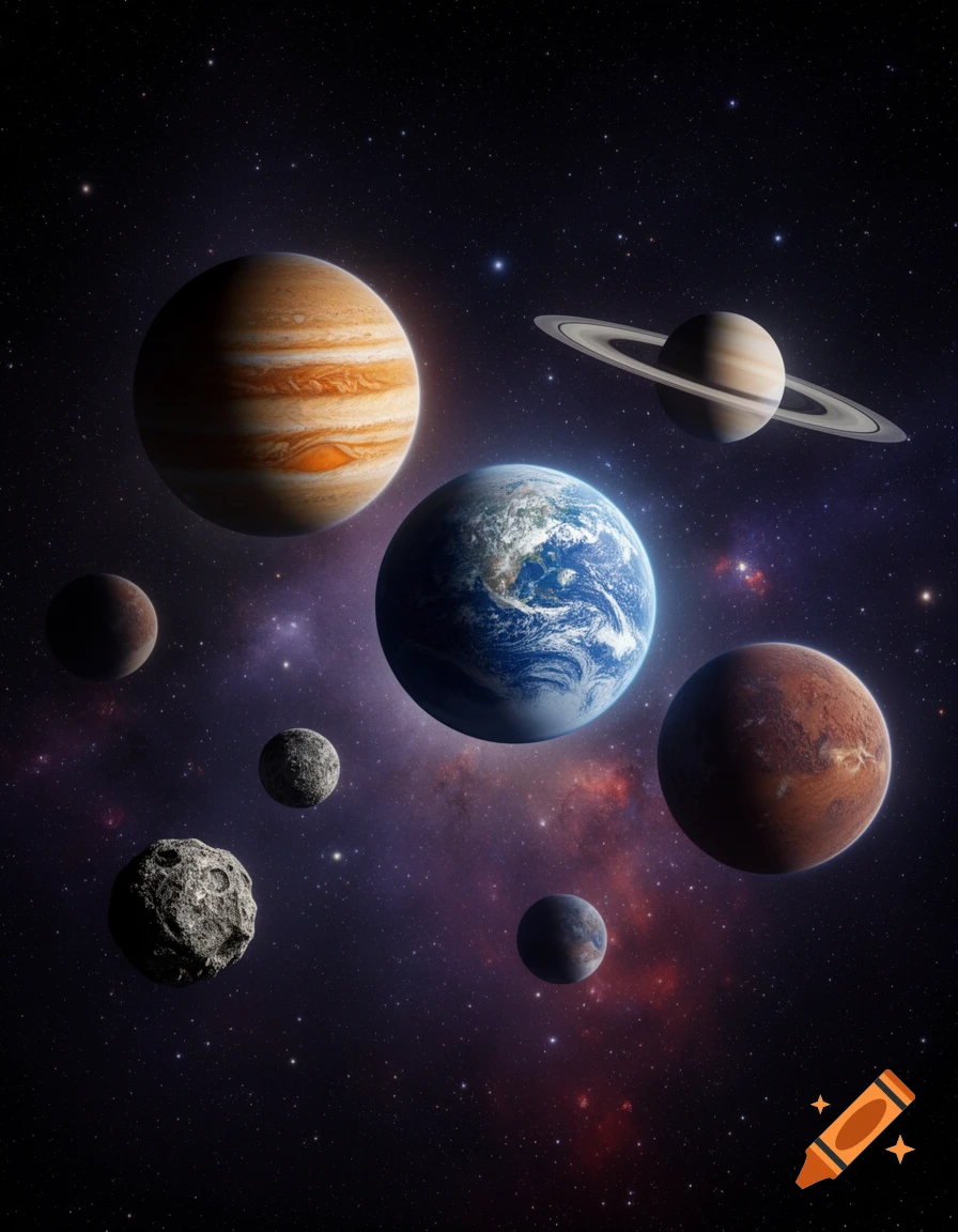 An array of planets including Earth, Jupiter, Saturn, and Mars, alongside smaller celestial bodies, set against a vibrant starry space background with nebulae.