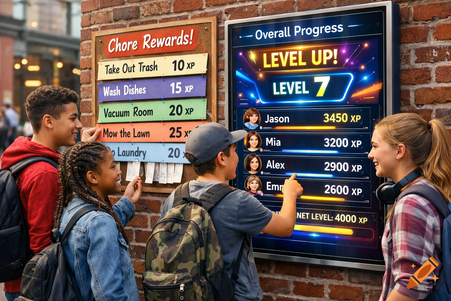 Four diverse teenagers look at a chore reward board and a glowing digital screen showing "LEVEL UP! LEVEL 7" and XP progress.