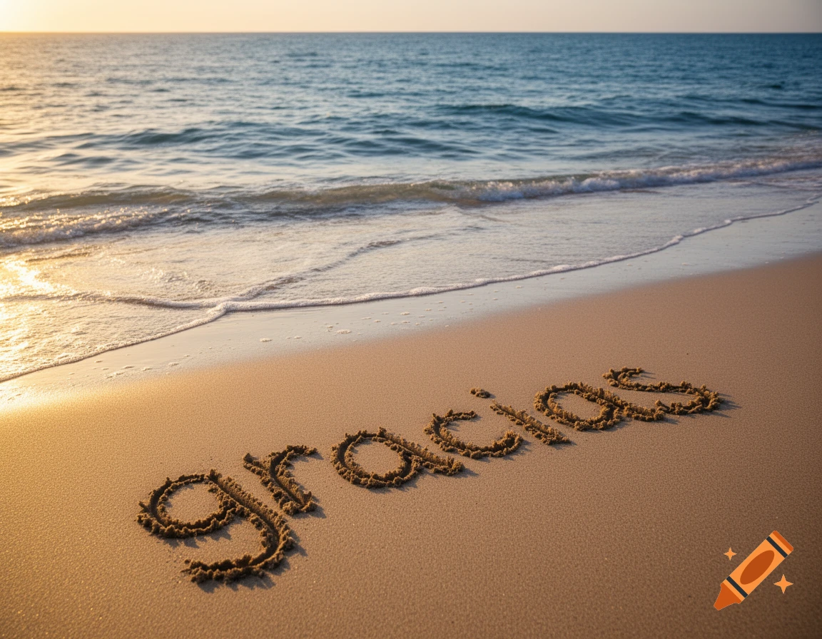 The word "gracias" written in the sand on a beach, with gentle waves rolling in under a golden sunset sky.