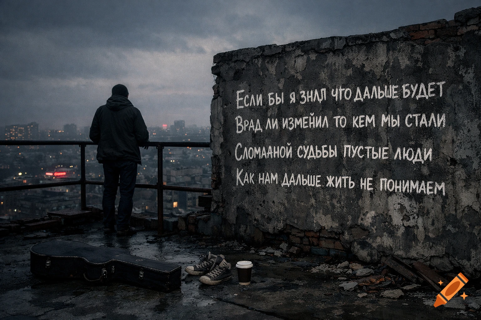 A lone figure stands on a dilapidated rooftop, gazing at a moody, rain-slicked city at dusk, with Russian text on a wall.