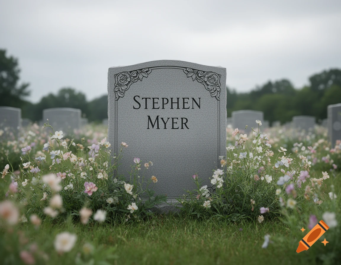 A gray gravestone inscribed "STEPHEN MYER" stands in a lush green cemetery field filled with small, colorful wildflowers under an overcast sky.