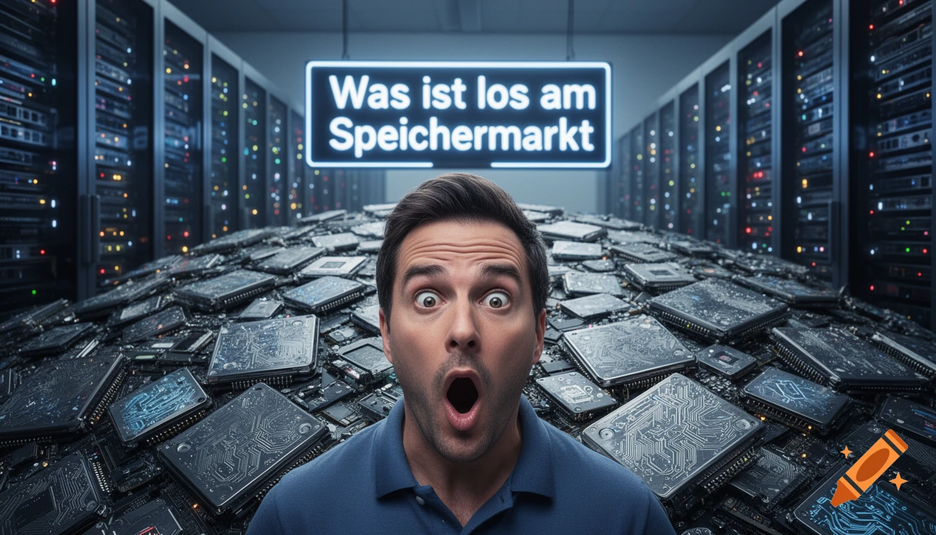 A surprised man in a data center surrounded by computer chips, with a neon sign reading 'Was ist los am Speichermarkt'.