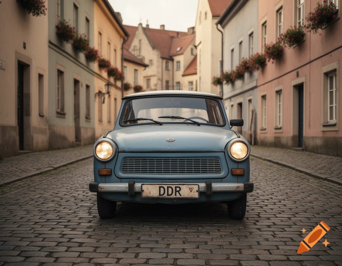 A photorealistic front view of a light blue vintage Trabant car with a 'DDR' license plate on a cobblestone street, flanked by old buildings with flower boxes.