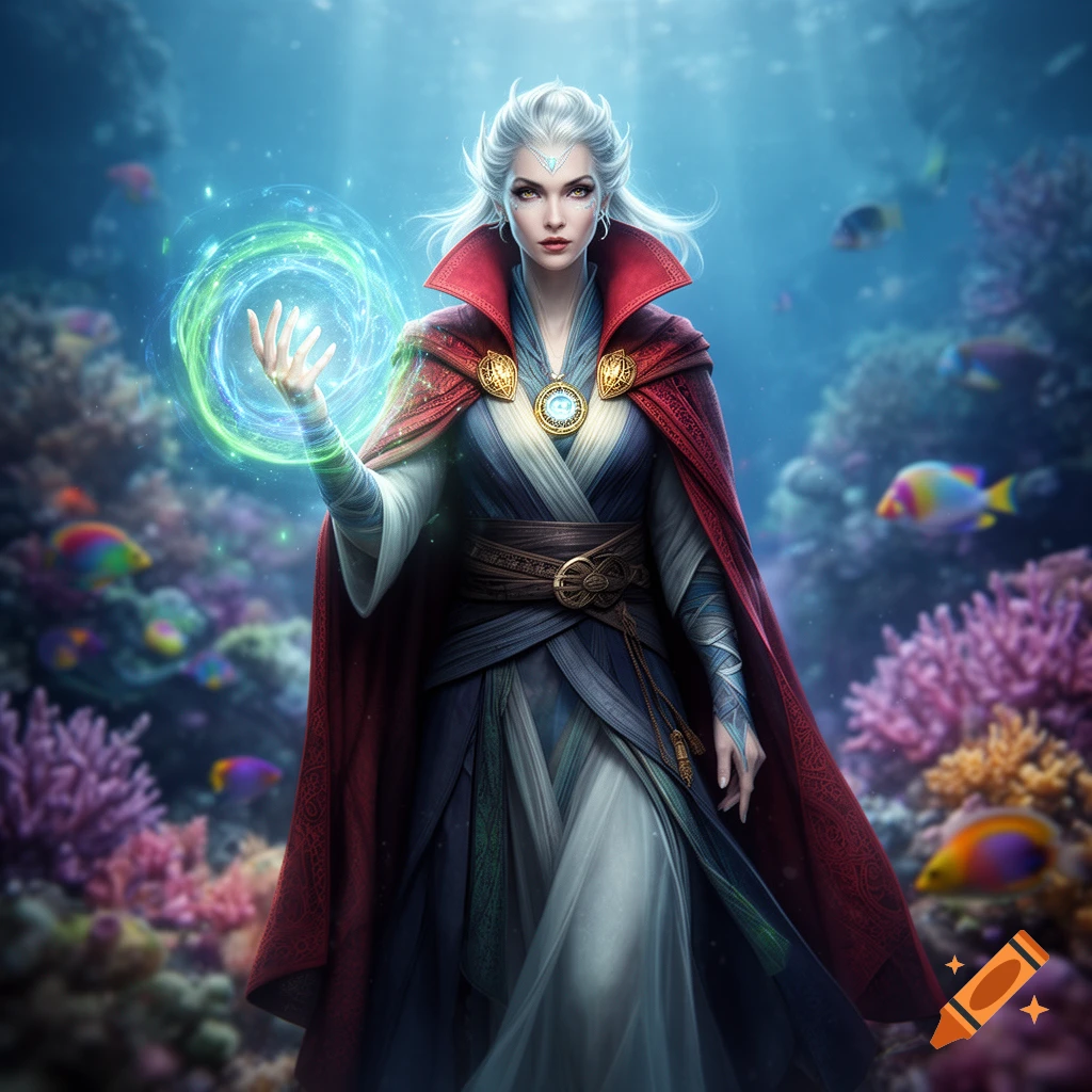 A white-haired sorceress in a red cape, similar to Doctor Strange, casts a green swirling spell underwater amidst colorful coral and fish.