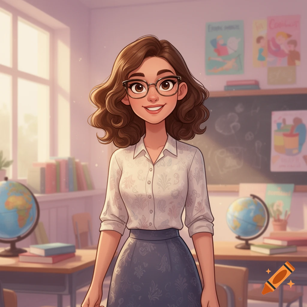 A smiling cartoon female teacher with brown curly hair and glasses in a sunny classroom.