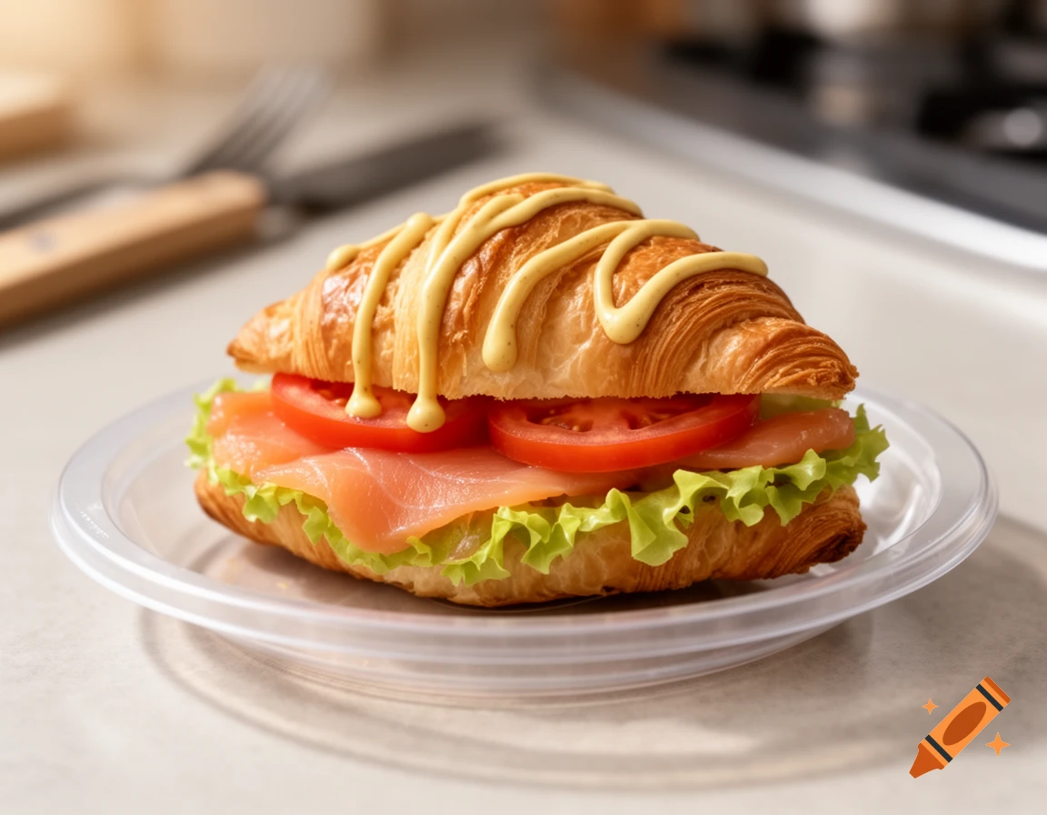 A photorealistic croissant sandwich filled with smoked salmon, lettuce, tomato, and drizzled with mustard, on a clear disposable plate.