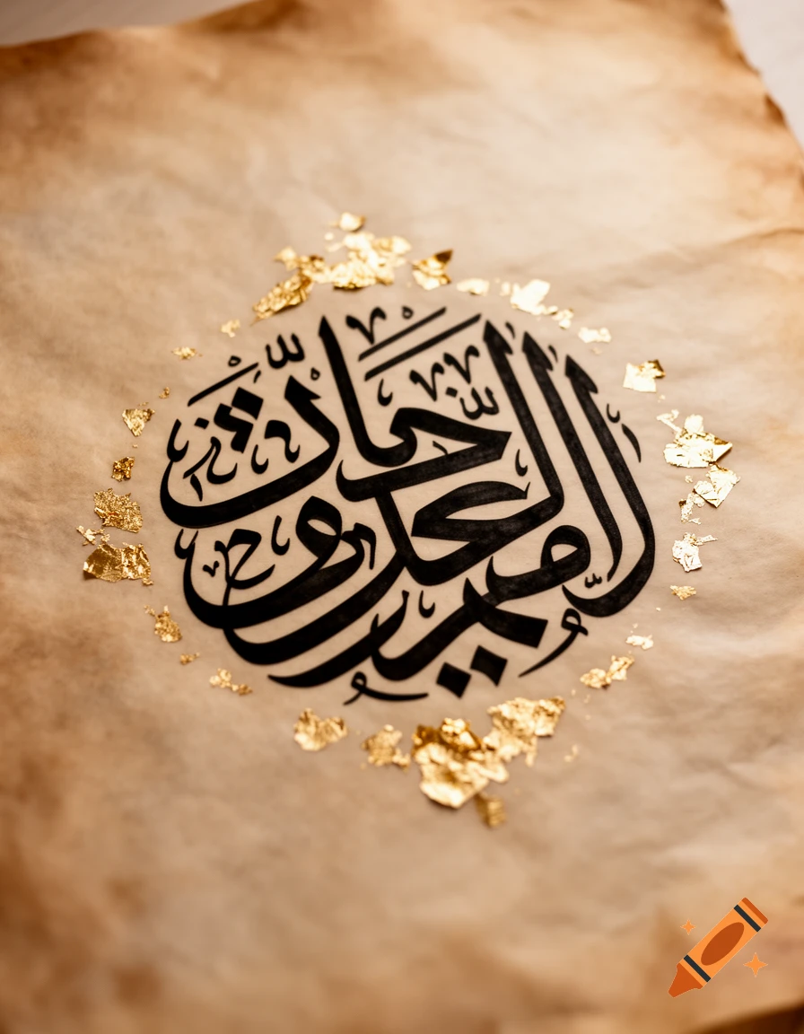 Ornate black Arabic calligraphy on a brown parchment paper background, surrounded by scattered gold leaf flakes.