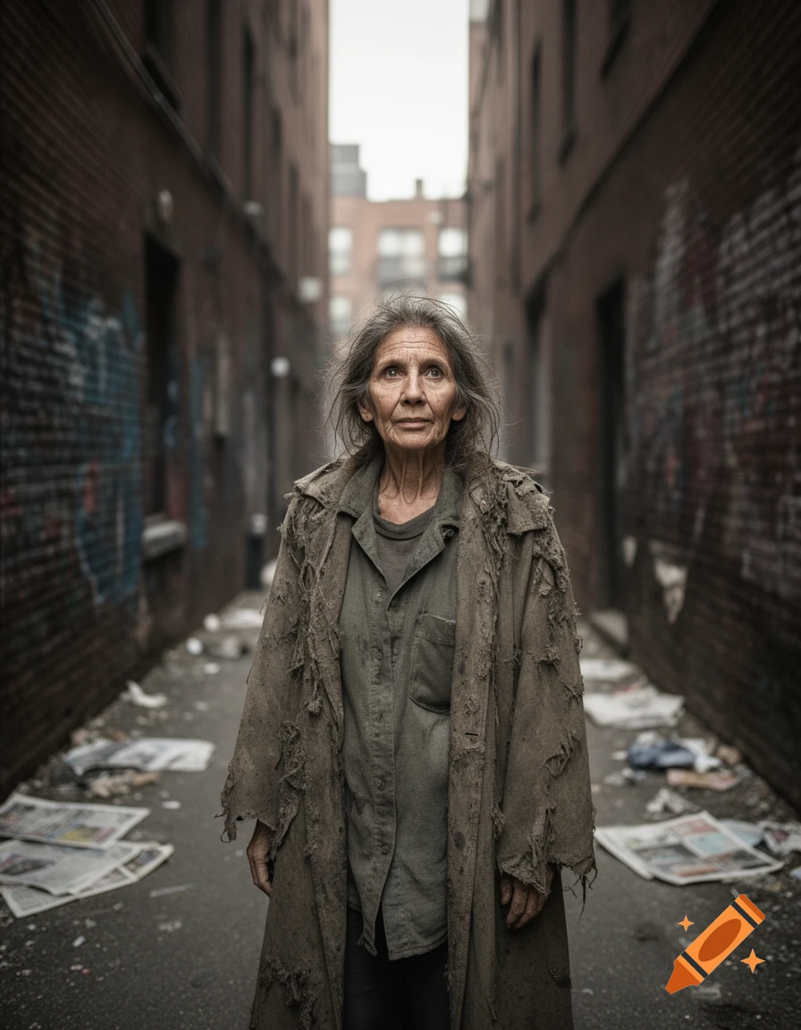 A photorealistic portrait of an elderly woman in torn clothing standing in a gritty urban alley littered with newspapers.