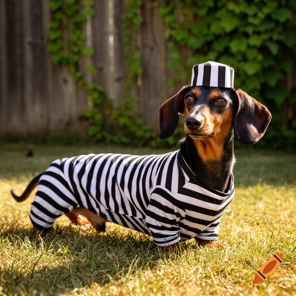 A photorealistic dachshund wears a black and white striped prisoner's uniform and hat, standing in a sunny grassy yard.