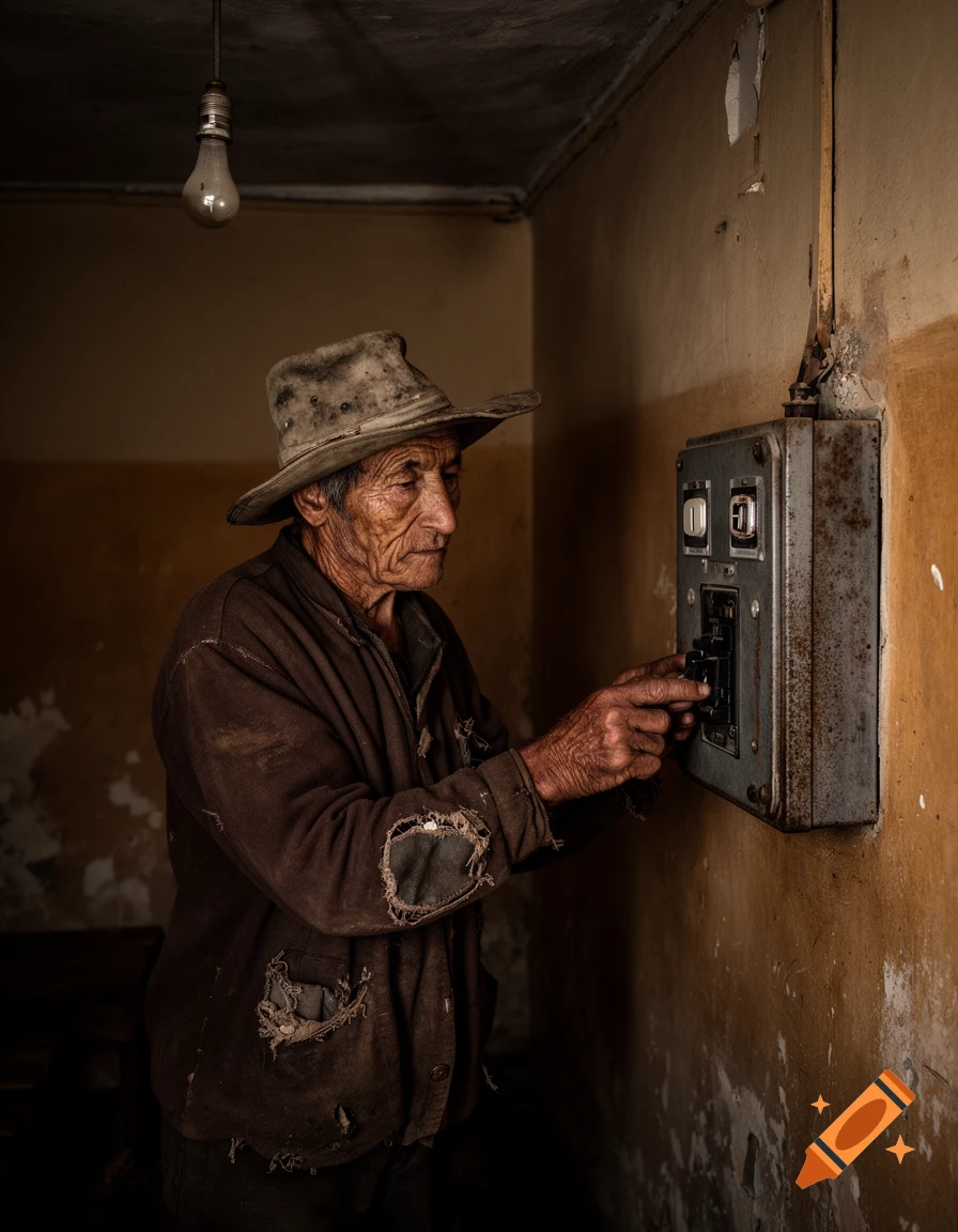 An old man in a worn hat and patched brown jacket turns a switch on a rusted electrical panel in a dimly lit, weathered room, photorealistic.
