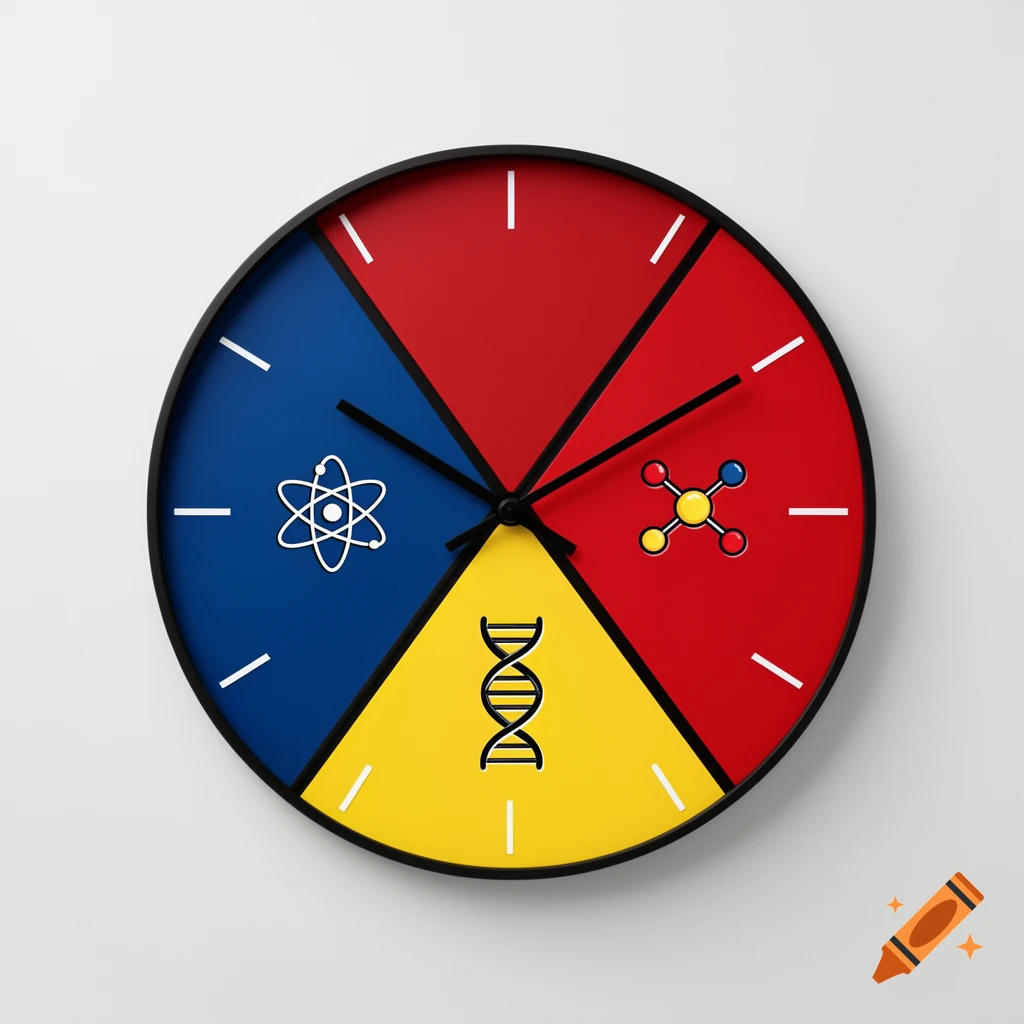 A modernism-style clock divided into four colored sections: blue with an atom, yellow with a DNA helix, and two red sections, one with a molecule icon.