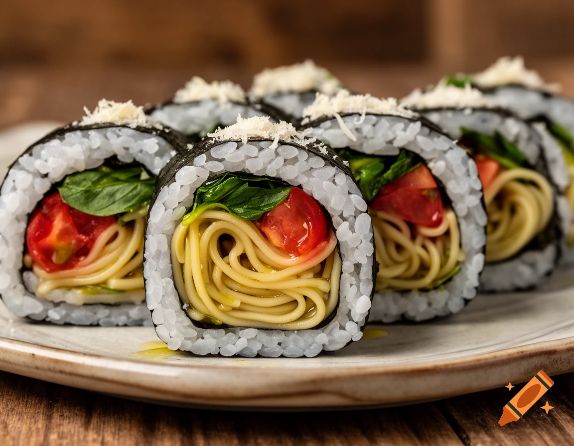 Close-up of ehoumaki sushi rolls filled with spaghetti, tomato, and basil, topped with grated cheese, on a plate.