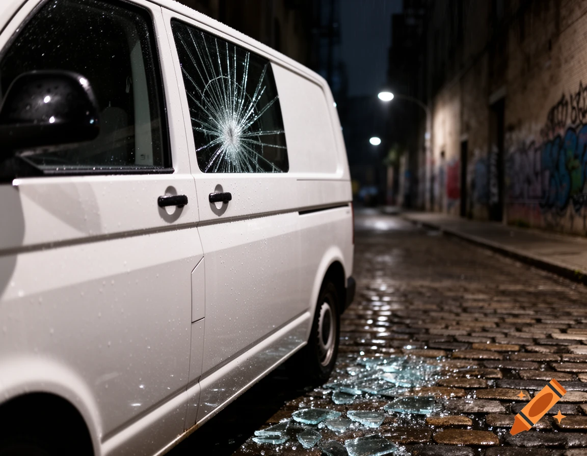 A white van with a shattered side window and broken glass on the wet cobblestone street of a dark alley at night.