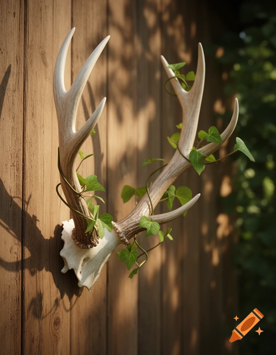 A pair of deer antlers with green ivy vines wrapped around them, mounted on a rustic wooden wall with dappled sunlight.