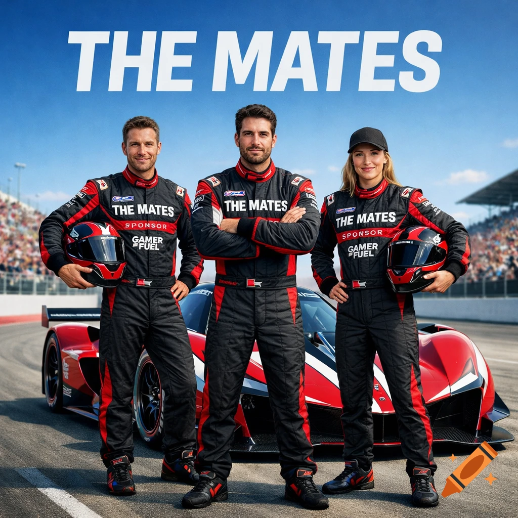 Three race car drivers in black and red suits, holding helmets, stand in front of a red sports car on a track, with stadium crowds in the background under a blue sky. Text "THE MATES" is at the top and on their suits.