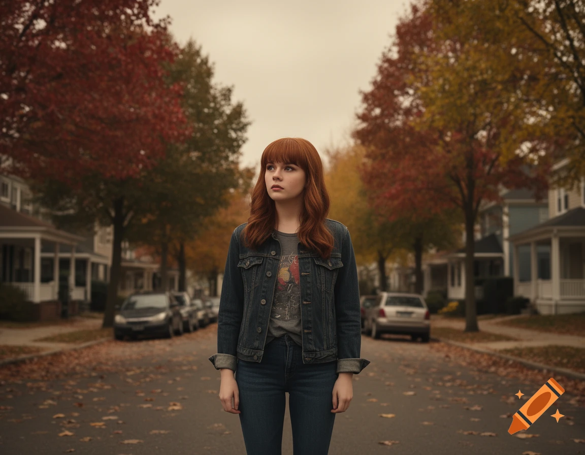 A red-haired woman in a denim jacket stands on an autumn street with colorful trees and houses.