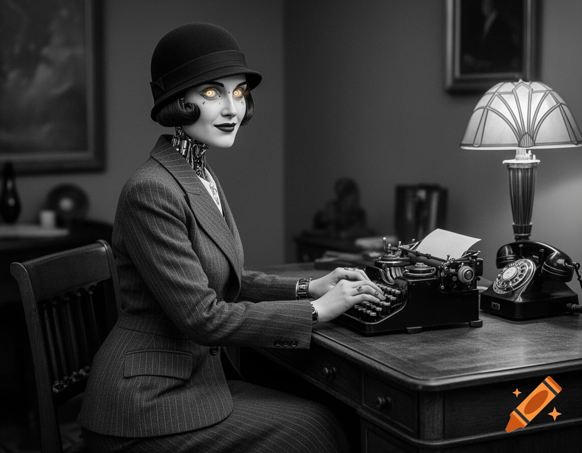 A black and white image of an AI woman in 1930s attire with glowing eyes, sitting at a desk and typing on a vintage typewriter.