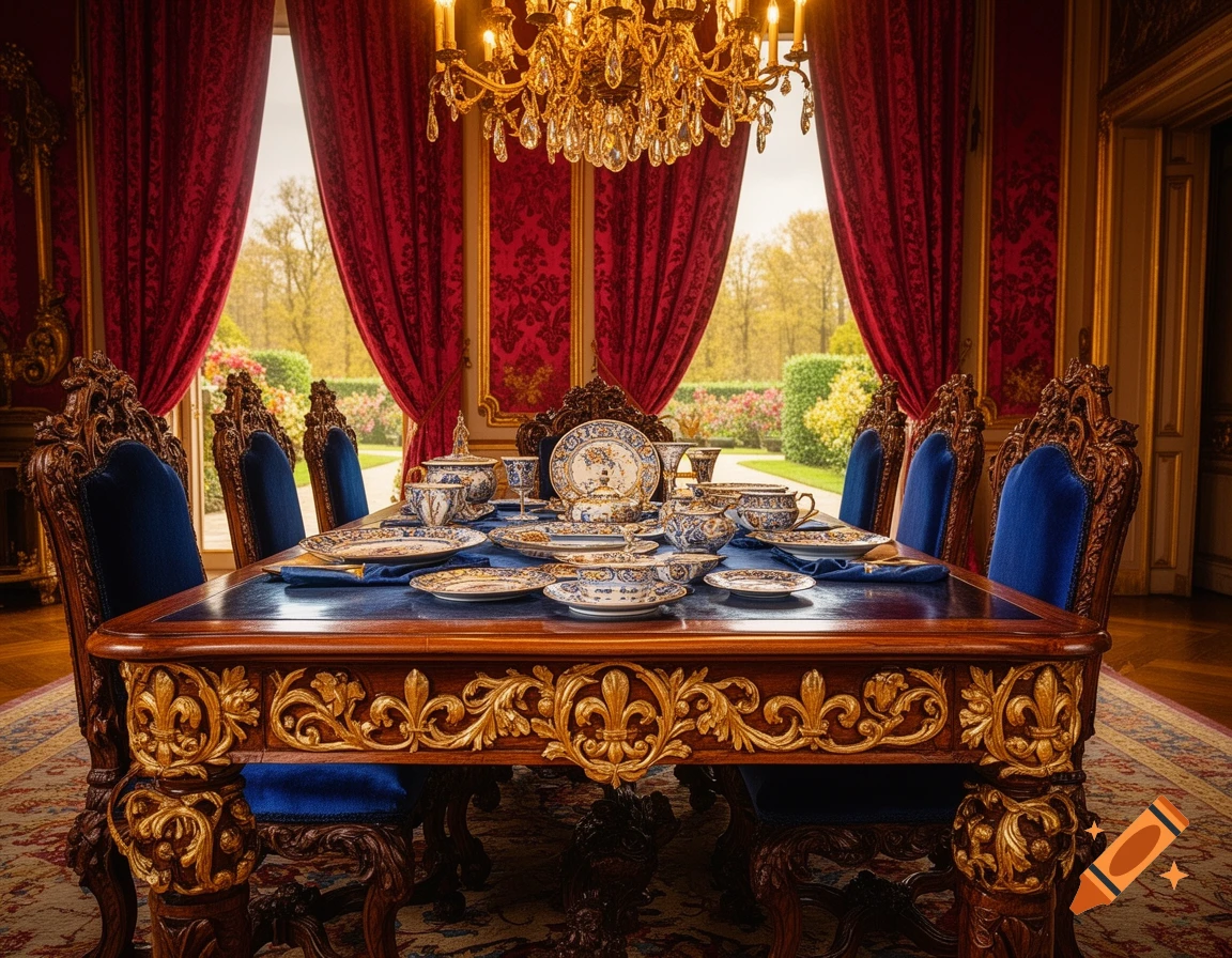 Ornate dining table with blue chairs and elegant dinnerware in a lavish room with red curtains and a crystal chandelier, photorealistic.