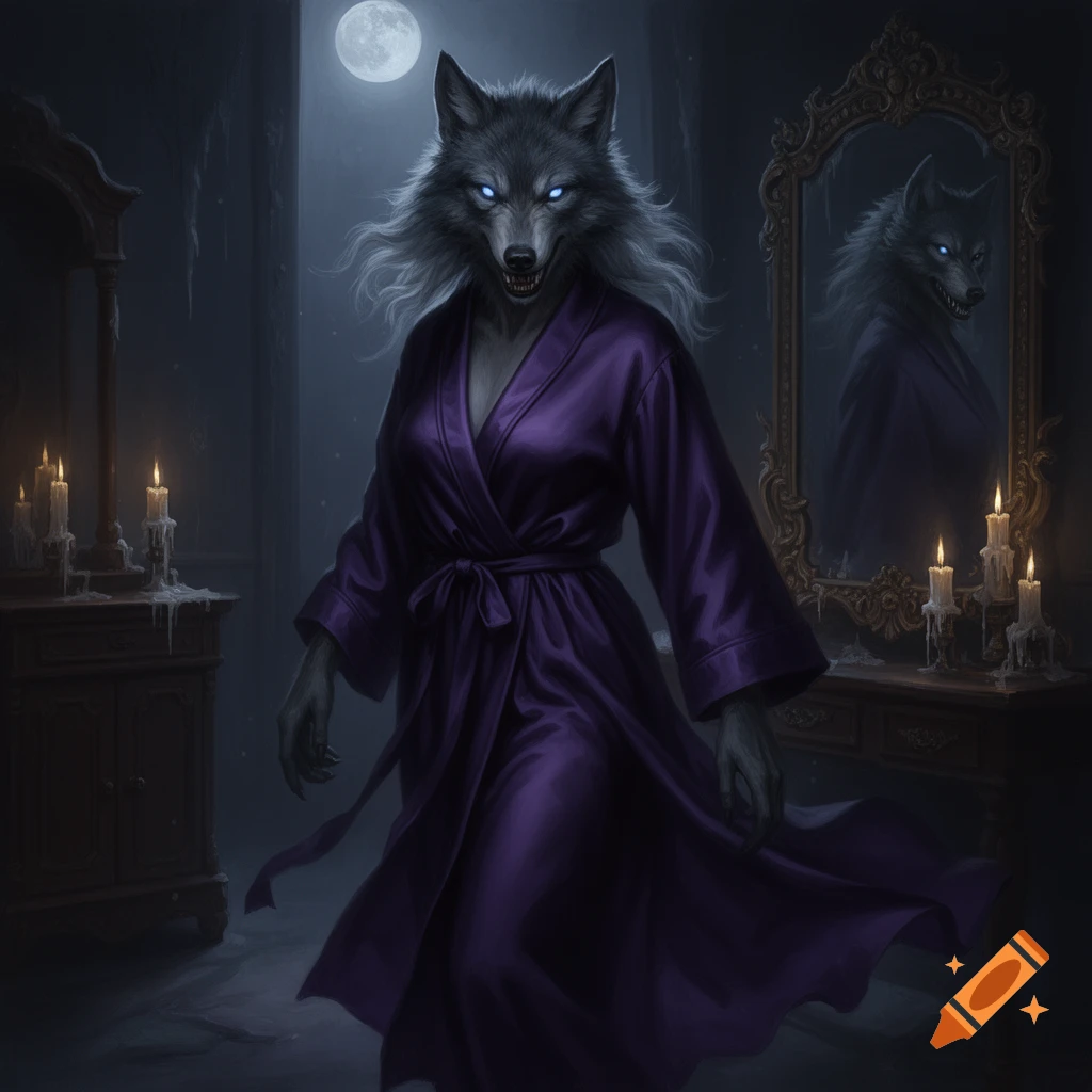 A fierce werewolf in a dark purple silk bathrobe with glowing blue eyes stands in a gothic room with candles and a full moon.