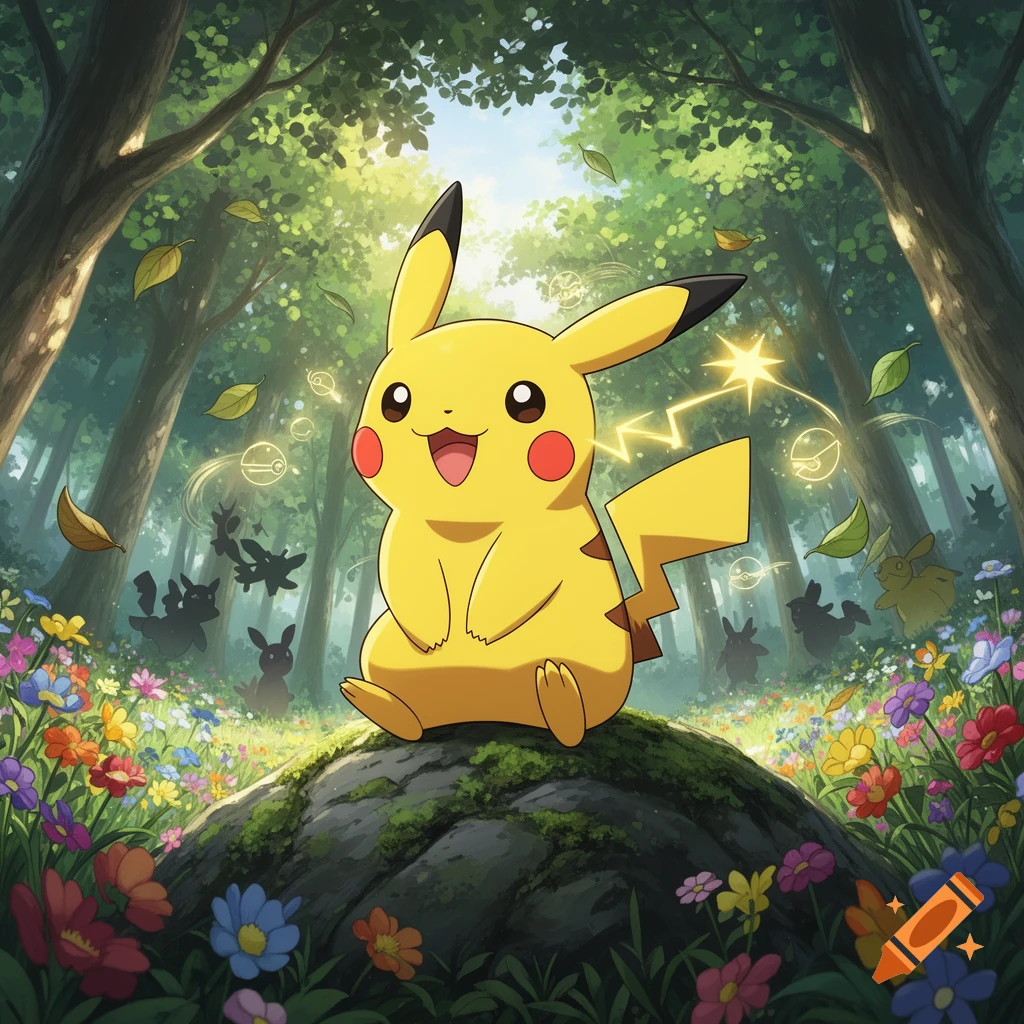 Pikachu sits happily on a mossy rock in a vibrant forest clearing filled with colorful flowers and glowing energy sparks.