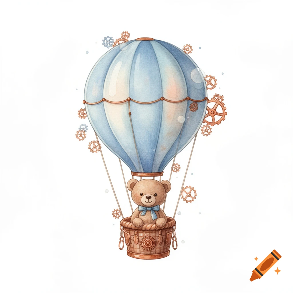 A cute watercolor illustration of a teddy bear with a blue bow in a pastel blue and copper steampunk hot air balloon, with whimsical gears.