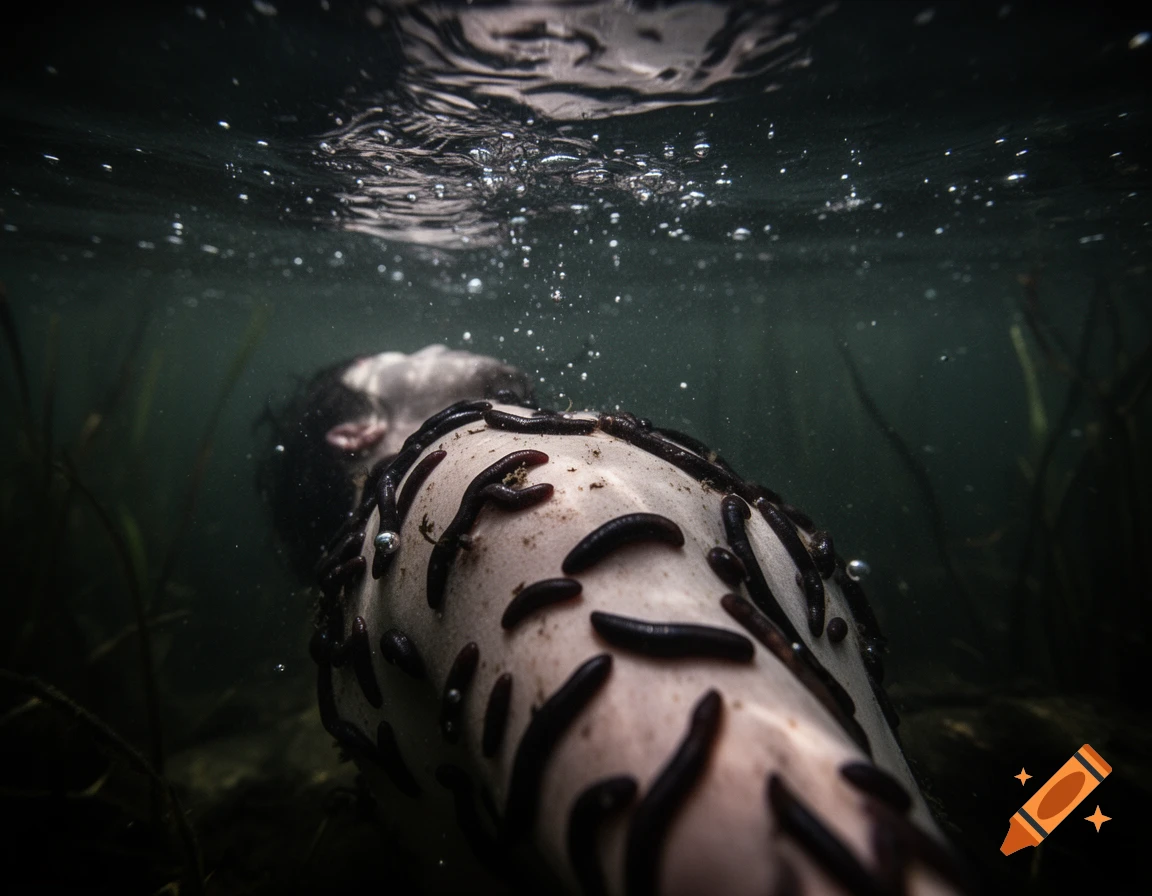 A person's body covered in leeches submerged in murky water, with the water surface and bubbles visible above.