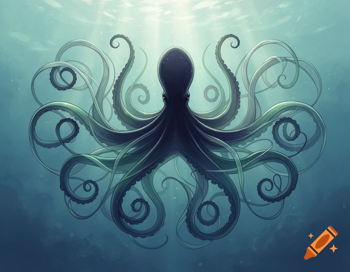 A stylized dark blue octopus with swirling tentacles swims underwater with light rays from above.