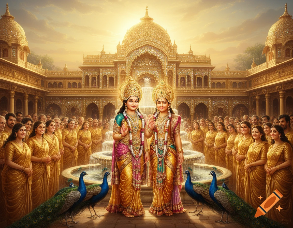 Two radiant deities in golden crowns and jeweled attire stand before a lavish golden palace with fountains, peacocks, and a large crowd of people in traditional Indian dress.