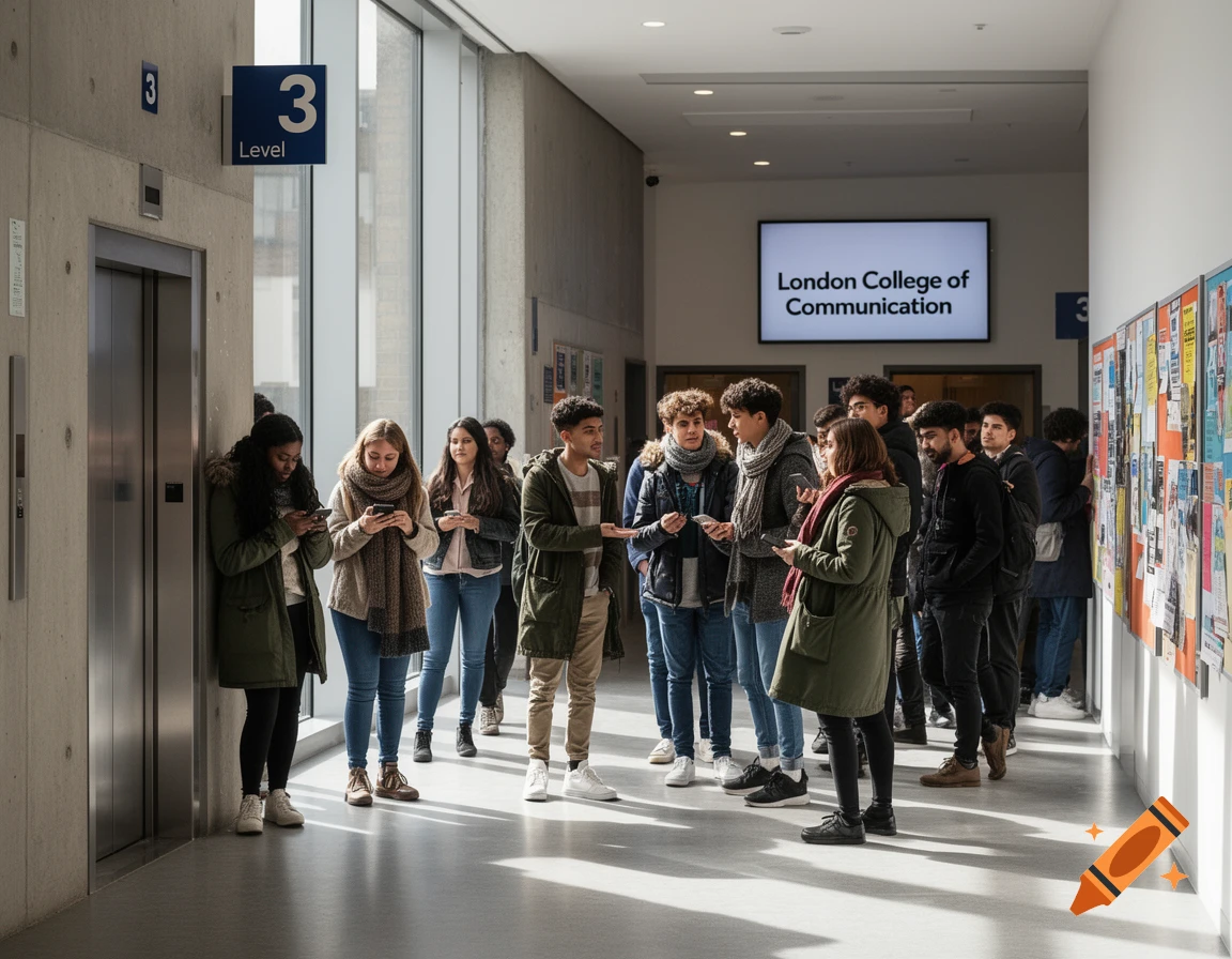 A diverse group of students stands in a bright college hallway, some looking at phones, with 'London College of Communication' on a screen.