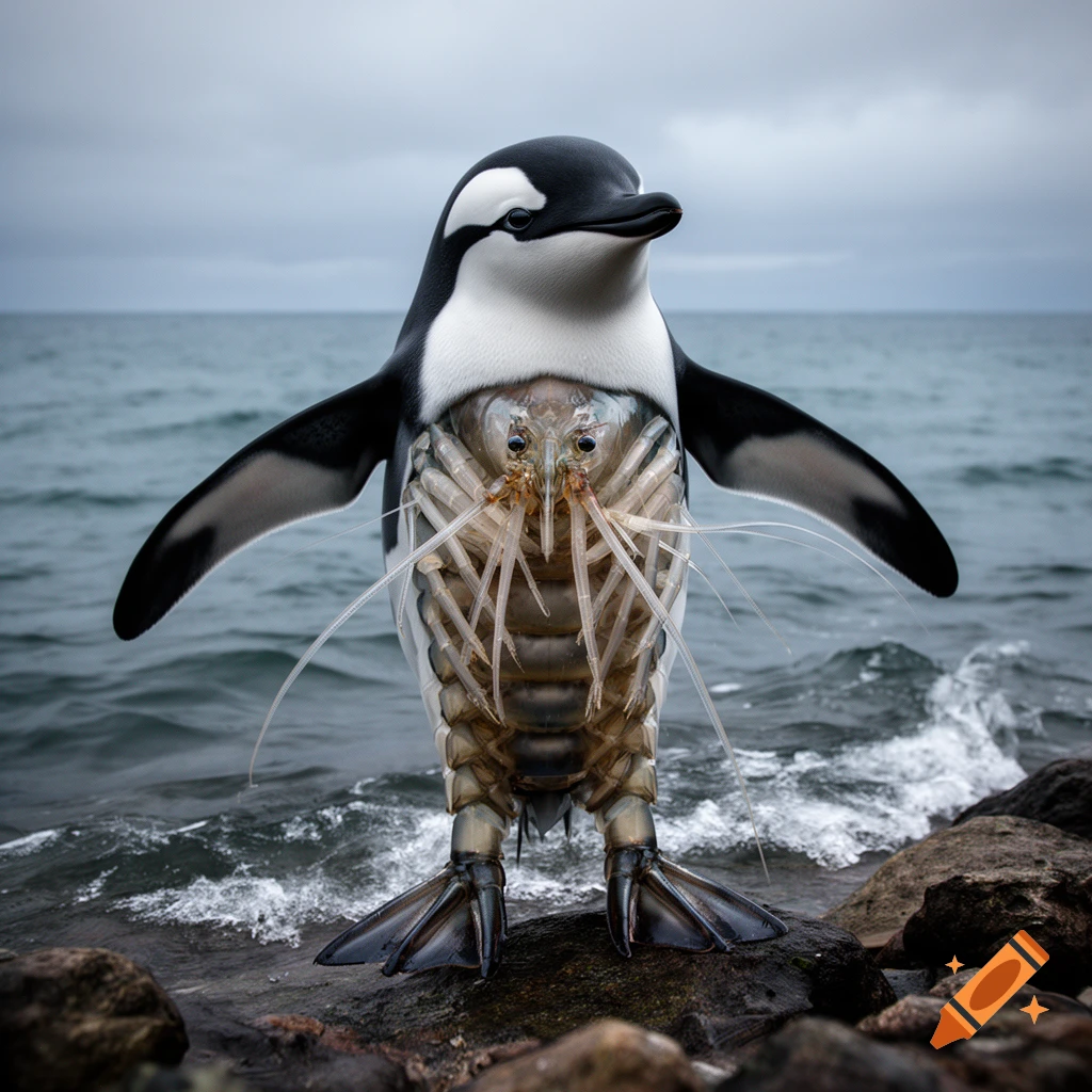 A surreal photorealistic hybrid creature: orca head, penguin body with exposed shrimp torso, and penguin feet, on ocean rocks.