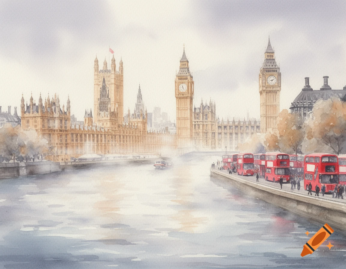 Watercolor painting of the Houses of Parliament and Big Ben along the Thames in London, with red double-decker buses on the embankment.