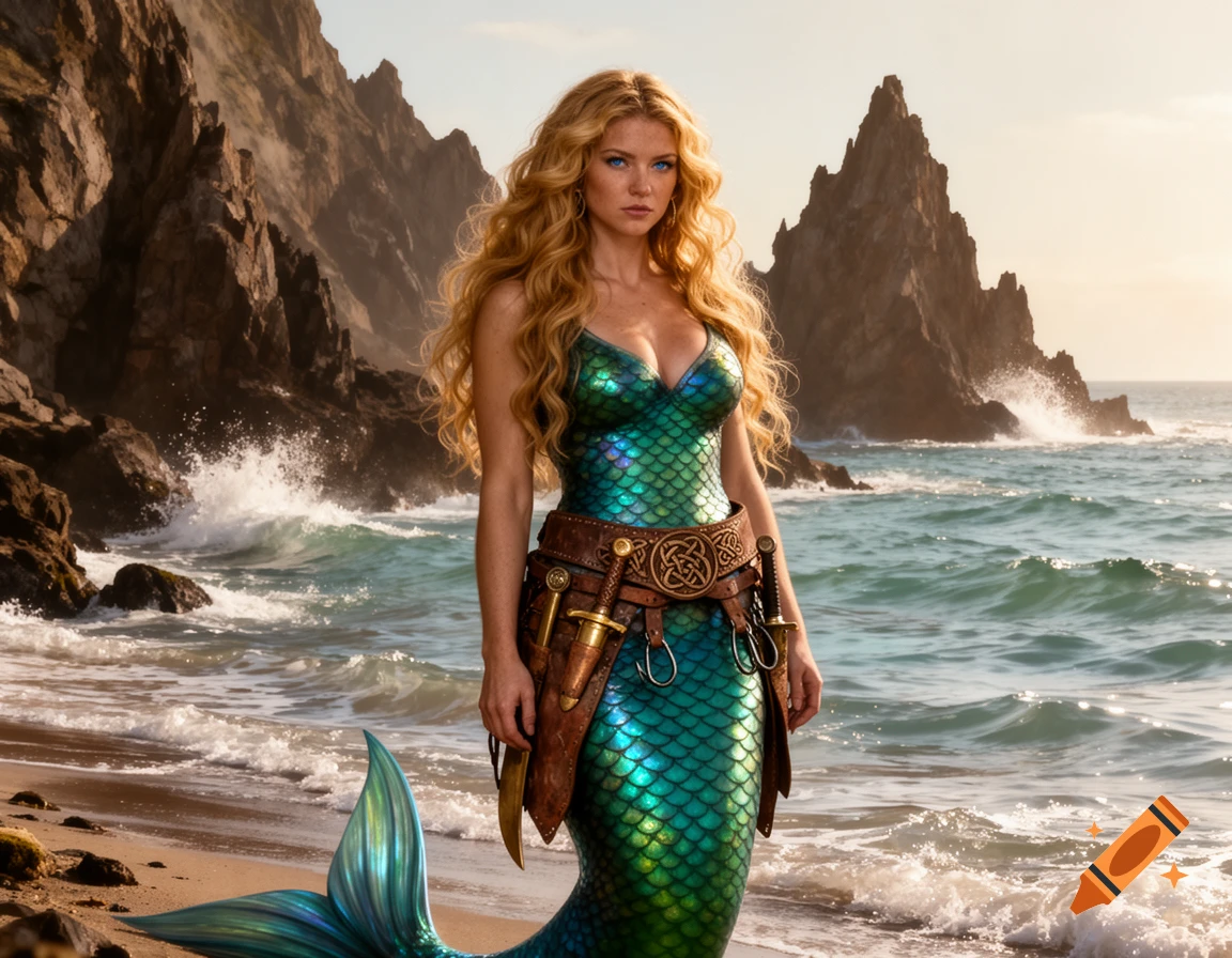 A photorealistic mermaid with long blonde hair, green iridescent scales, and a utility belt stands on a beach with rocky cliffs and waves.